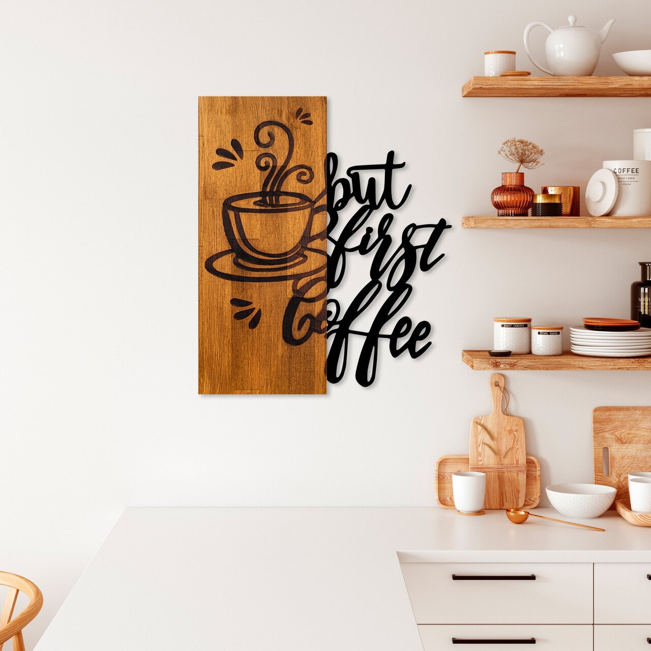Decoratiune de perete, Coffee First, Lățime: 50 cm Înălțime: 58 cm Adâncime: 3 cm, Nuc / Negru - view 3