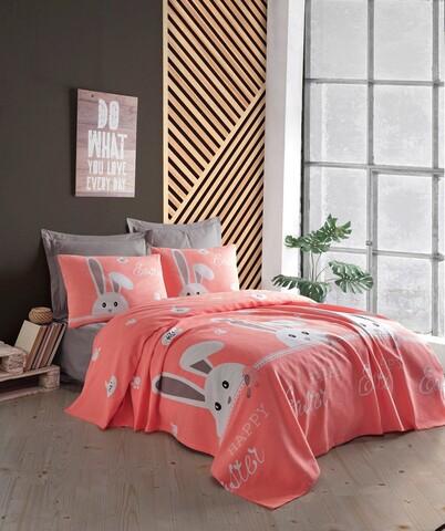 Set cuvertura pique dubla, rabitto - pink, enlora home, bumbac