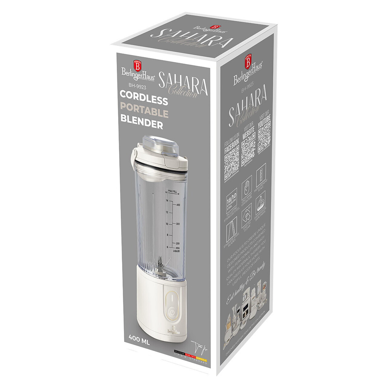 Blender portabil Berlinger Haus, Sahara, 400 ml, 110W, 9x27.2 cm, inox/plastic, crem/transparent - view 11