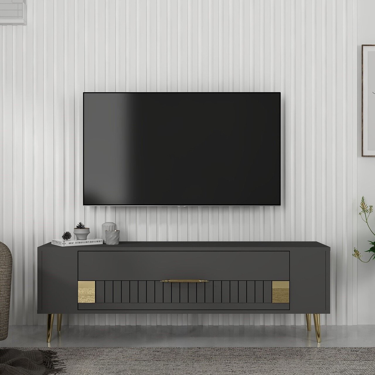 Comoda TV, Olivia, Retrolp4, Antracit / Aur