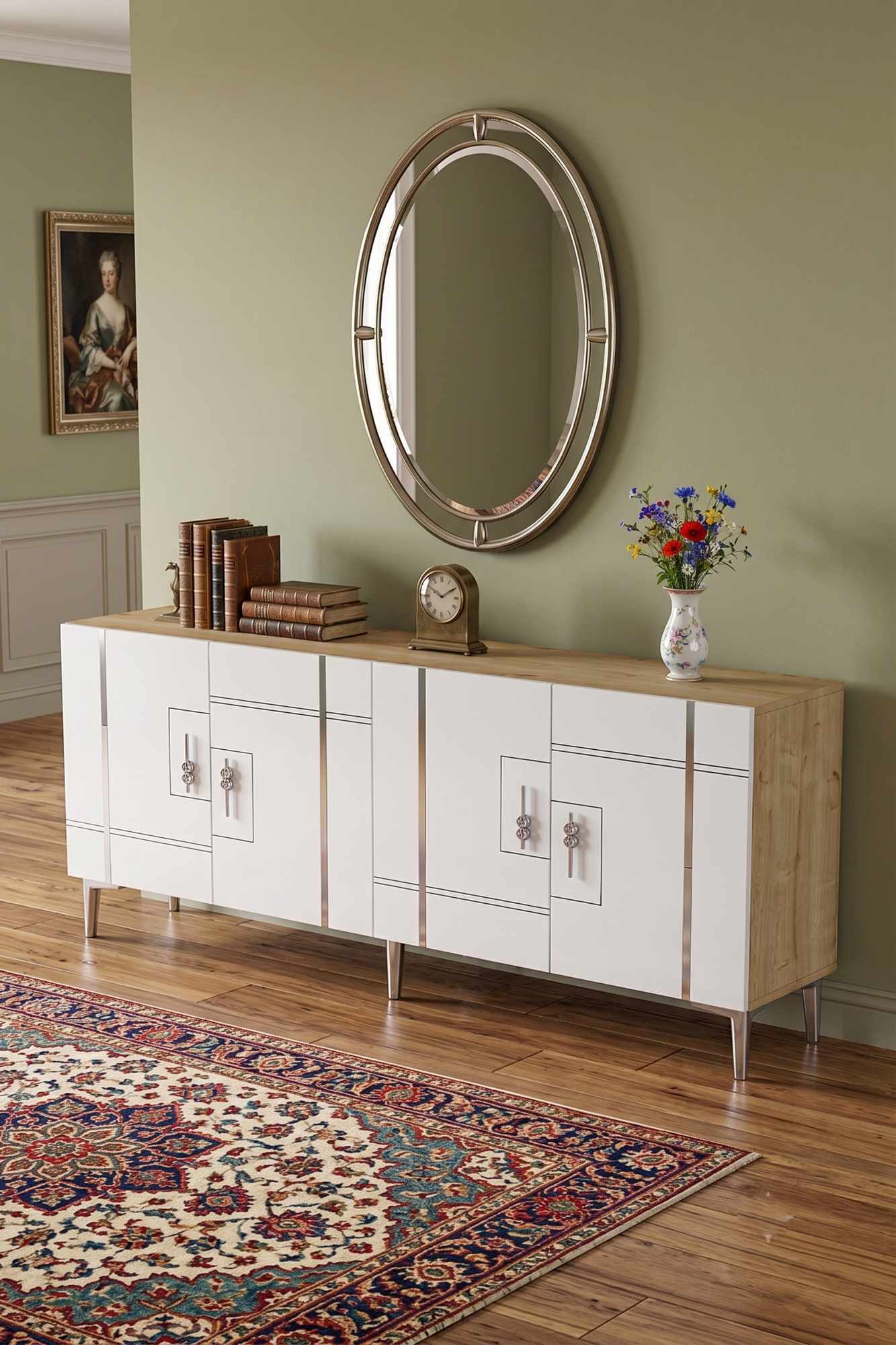 Consola, Hanah Home, Ilay 180, 180x75x32 cm, Stejar Safir / Alb / Argintiu