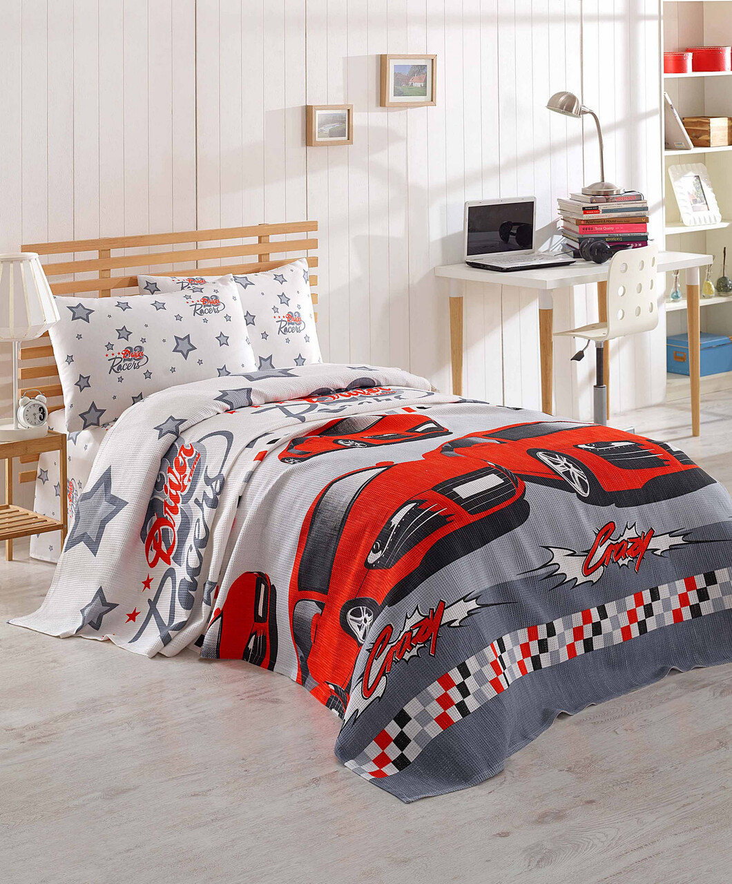 Set cuvertura pique Single, Crazy - Red, EnLora Home, Bumbac