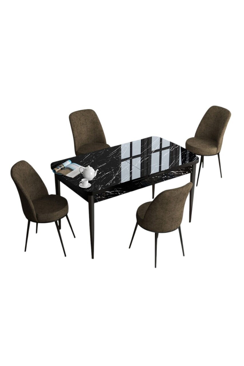 Set masa extensibila si scaune (5 piese), Hanah Home, Han, Model de marmură neagră / Maro — imaginea 2