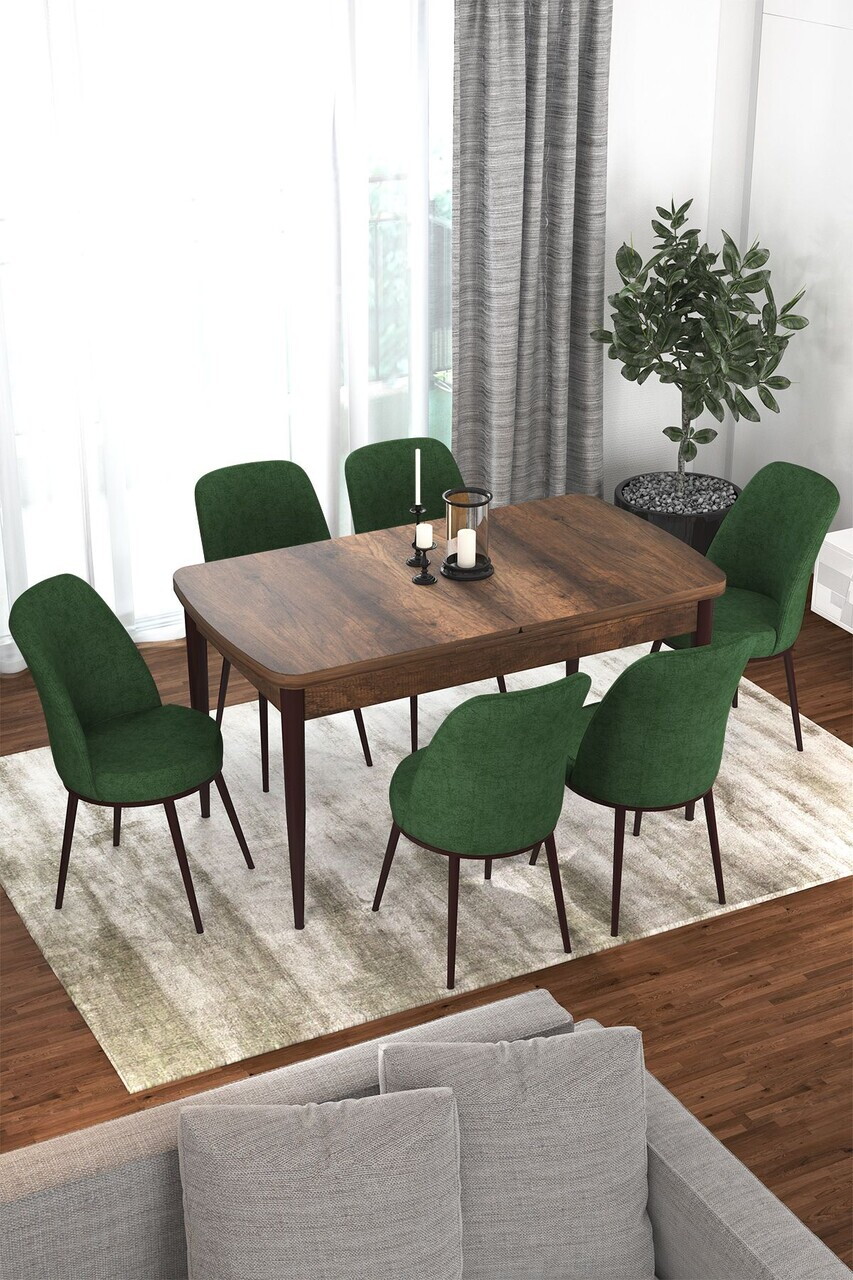 Set masa extensibila si scaune (7 piese), Hanah Home, Via, Model baroc din lemn / Verde kaki