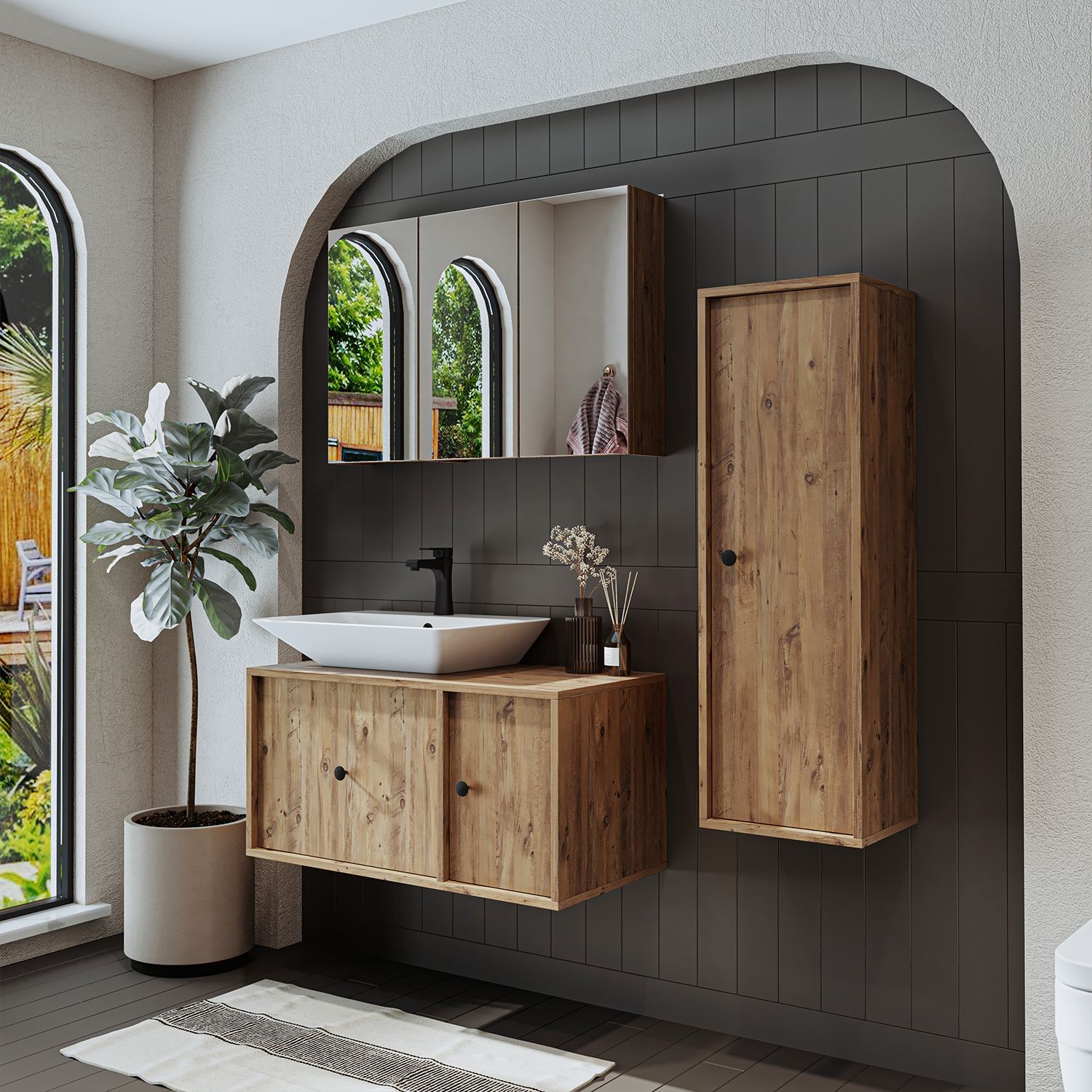 Set Dulap de Baie cu Chiuvetă și Oglindă (3 Piese), Hanah Home, 2555, MDF, Maro