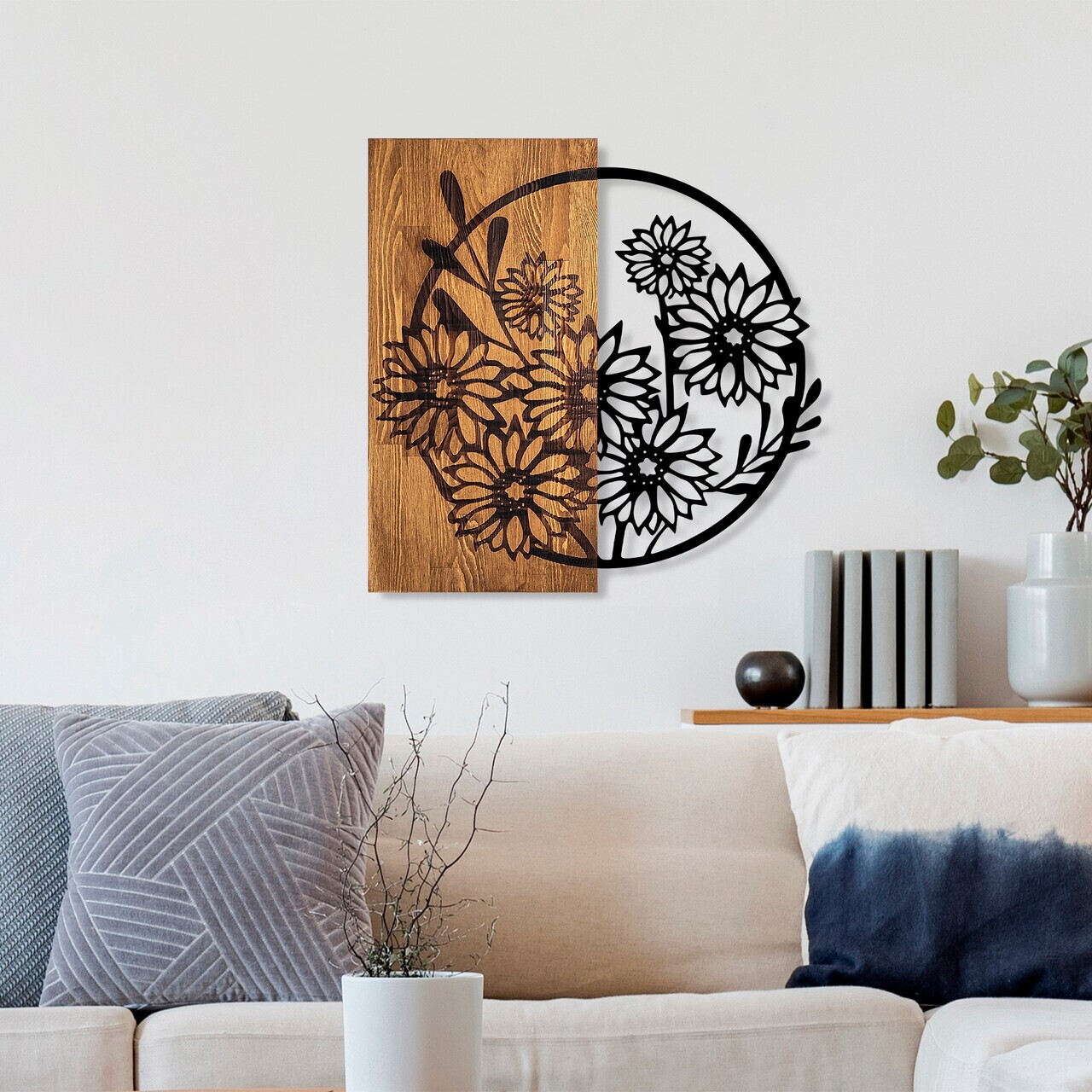 Decoratiune de perete, Flowers 1, Dimensiune: 57 x 57 cm, Nuc / Negru — imaginea 3
