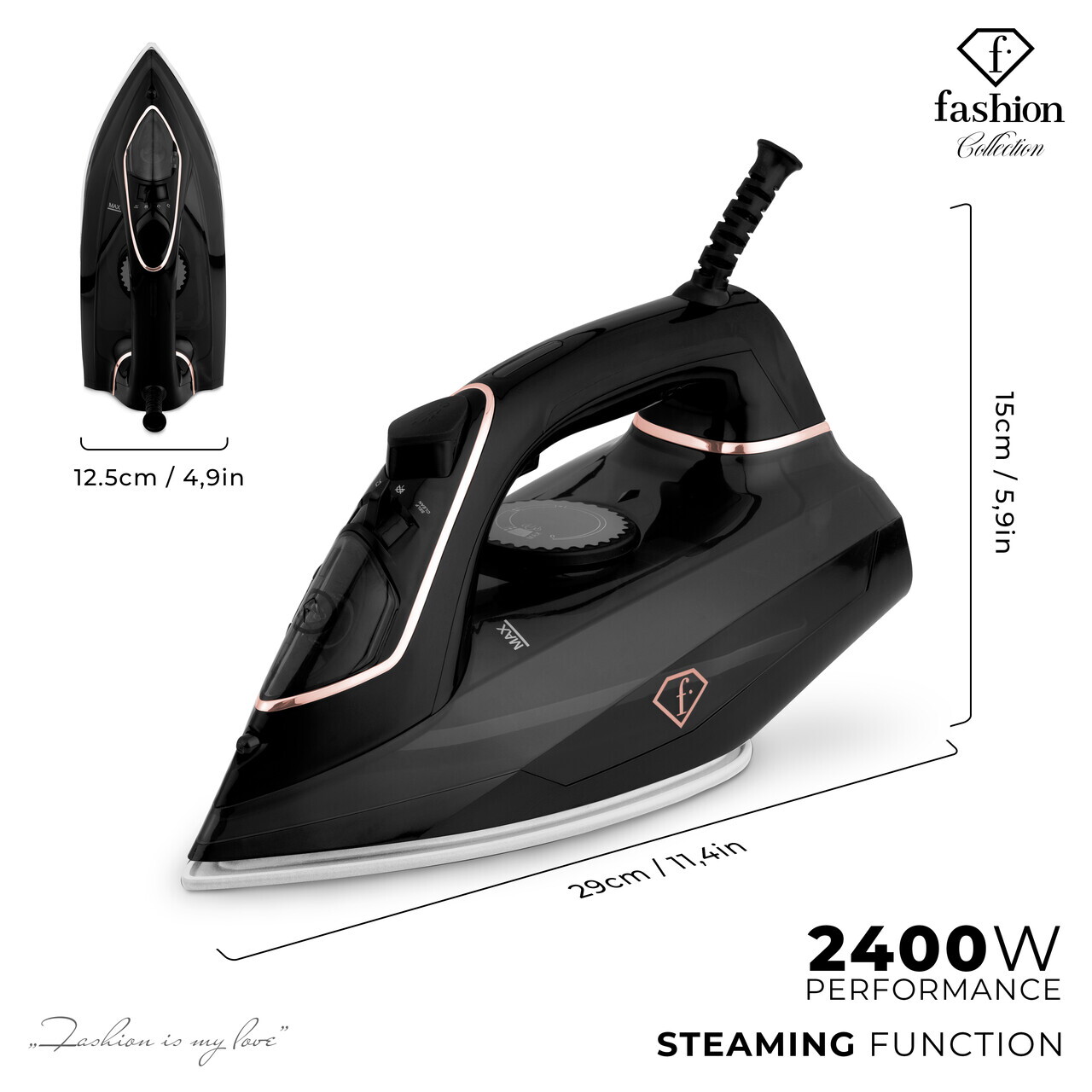 Fier de calcat Fashion TV, Matte Black-Rose Gold, 2400W, 280 ml, invelis ceramic, negru - imagine 3