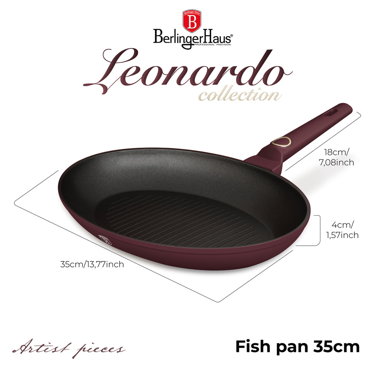 Tigaie pentru peste Berlinger Haus, Leonardo, 35 cm, aluminiu forjat, visiniu mat - imagine 7
