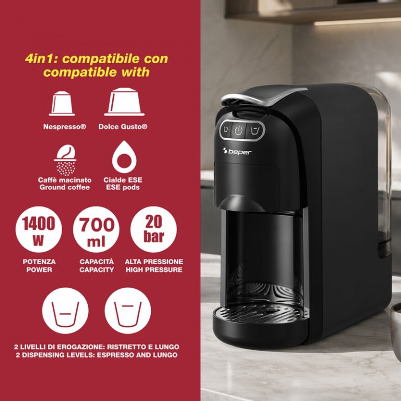 Espressor 4 in 1 Amata, Beper, 1400W, 29x12x26 cm, negru — imaginea 5