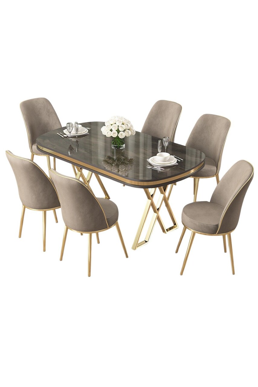 Set masă și scaune (7 piese), Hanah Home, Lai, Antracit / Auriu / Cappuccino - imagine 2