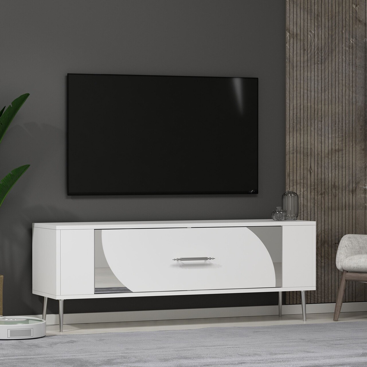 Comoda TV, Olivia, Retrop2, Alb / Argintiu - 1 | YEO