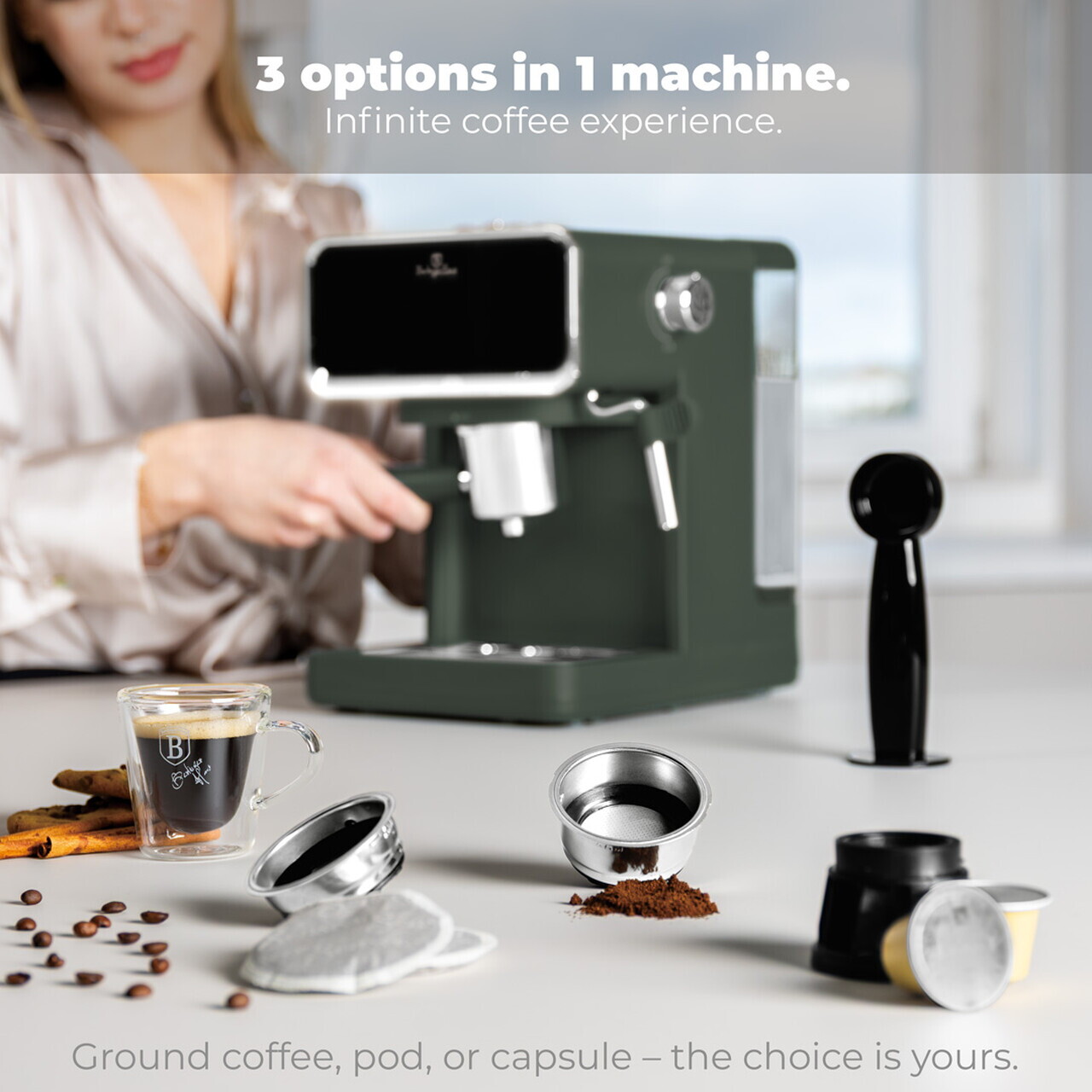 Espressor digital 3 in 1 Berlinger Haus, Matte Green, 950W, 21x25.9x28 cm, inox, verde mat - view 10