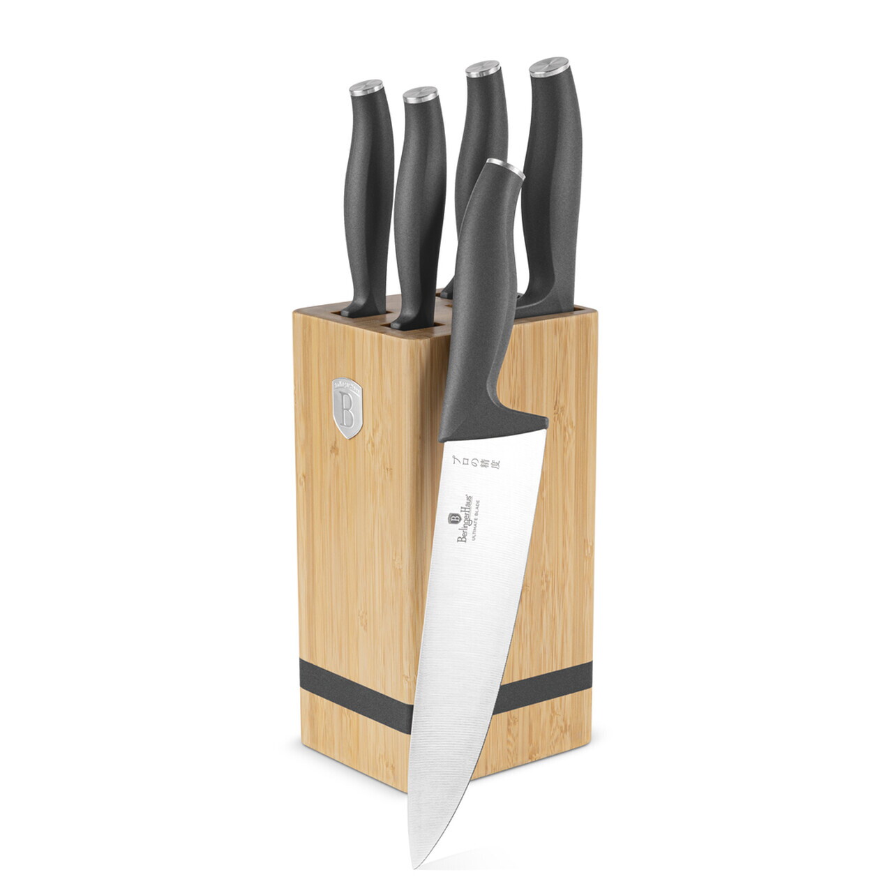 Set 5 cutite cu suport patrat Berlinger Haus, Anthracite, inox/bambus, antracit mat/natur - imagine 6