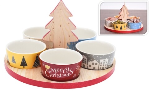 Set pentru gustari xmas tree, 6 piese, portelan/lemn, multicolor