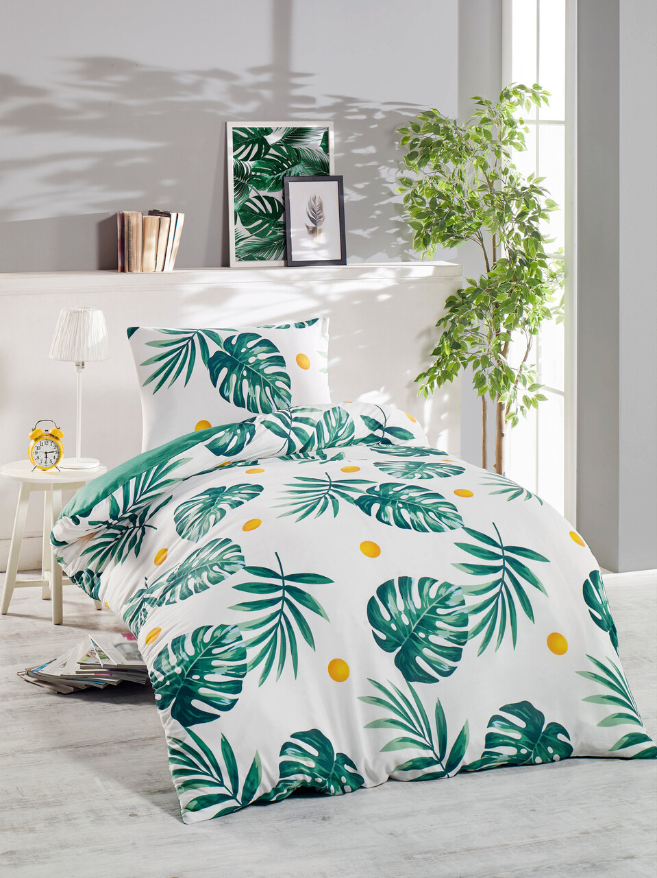 Lenjerie de pat pentru o persoana 2 piese, Monstera - Green, Eponj Home, 65% bumbac/35% poliester