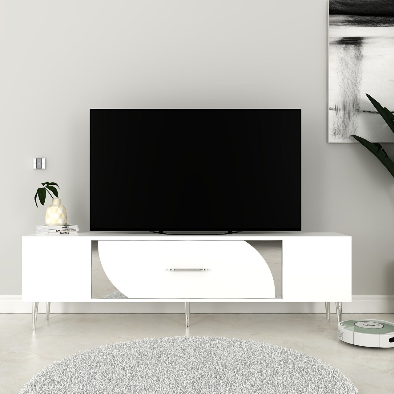 Comoda TV, Olivia, Dekop2, Alb / Argintiu