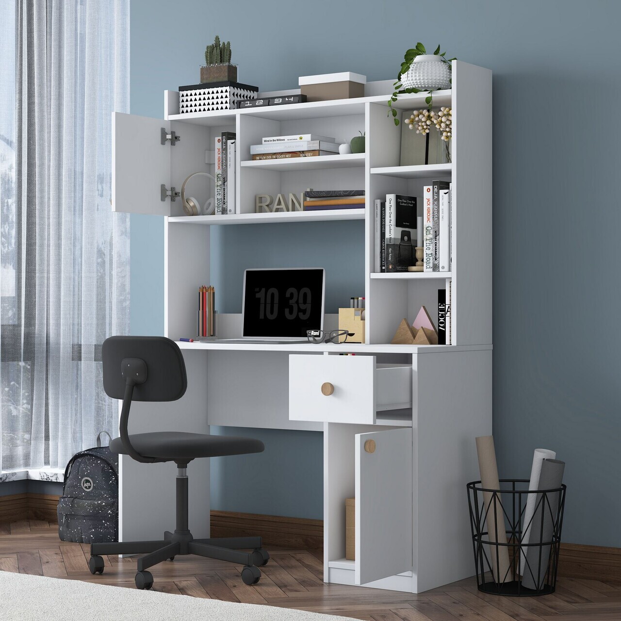 Set birou si biblioteca, Hanah Home, HA128, 120x166x50 cm, PAL melaminat, Alb - view 6
