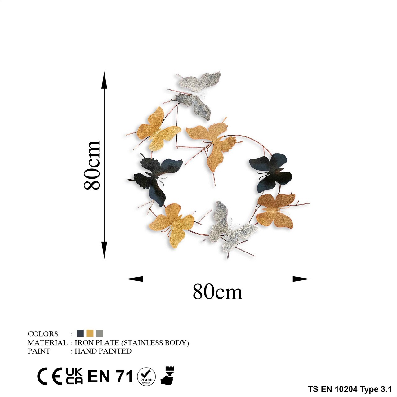 Decoratiune de perete, Butterflies, Metal, 80 x 80 x 4 cm, Multicolor