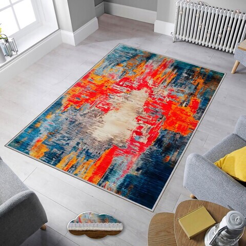 Covor, Wookece317, 80x150 cm, Alb / Fuchsia / Portocaliu / Albastru / Gri
