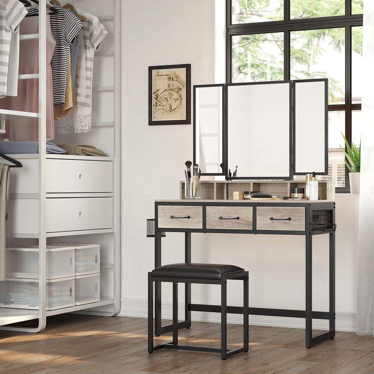 Masa de toaleta cu taburet / Masuta dressing, Vasagle, Industrial, 90x40x141 cm, PAL/otel/piele ecologica, gri