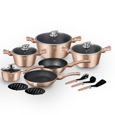 Set oale si tigai Berlinger Haus, aluminiu forjat si marmura, 15 piese, Rose Gold