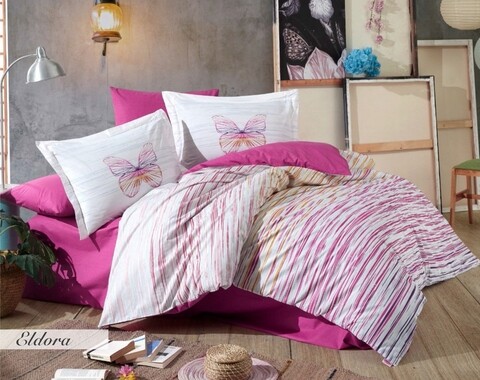 Lenjerie de pat dubla king, 3 piese, 220x240 cm, 100% bumbac poplin, hobby, eldora, fucsia
