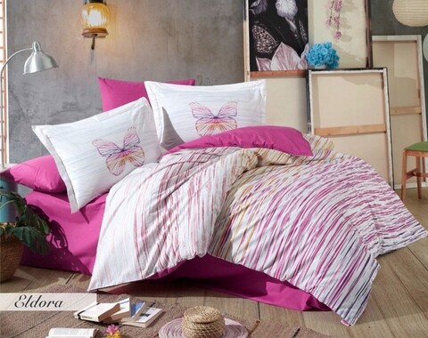 Lenjerie de pat dubla King, 3 piese, 220x240 cm, 100% bumbac poplin, Hobby, Eldora, fucsia