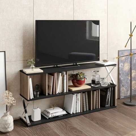Comoda TV, Hadley, Termas, 140×64.4×29.5 cm, Negru / Crom Hadley