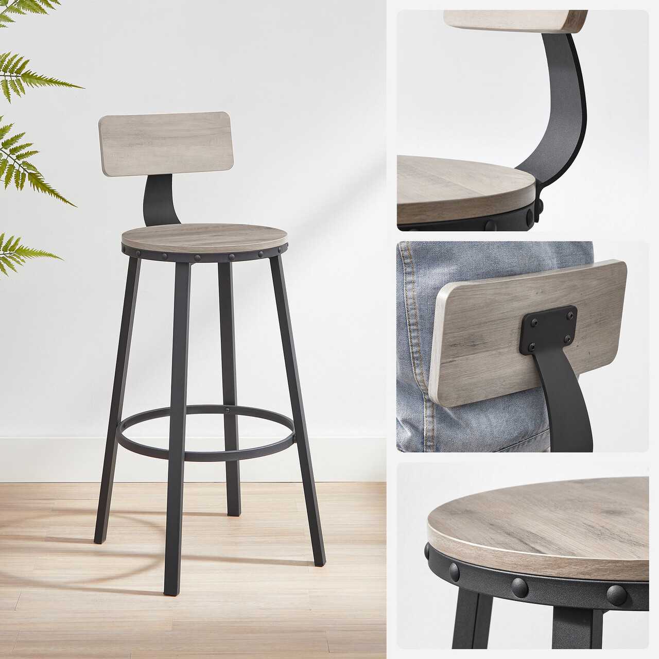 Set 2 scaune de bar, Vasagle, Industrial, 54x99 cm, PAL/otel, gri