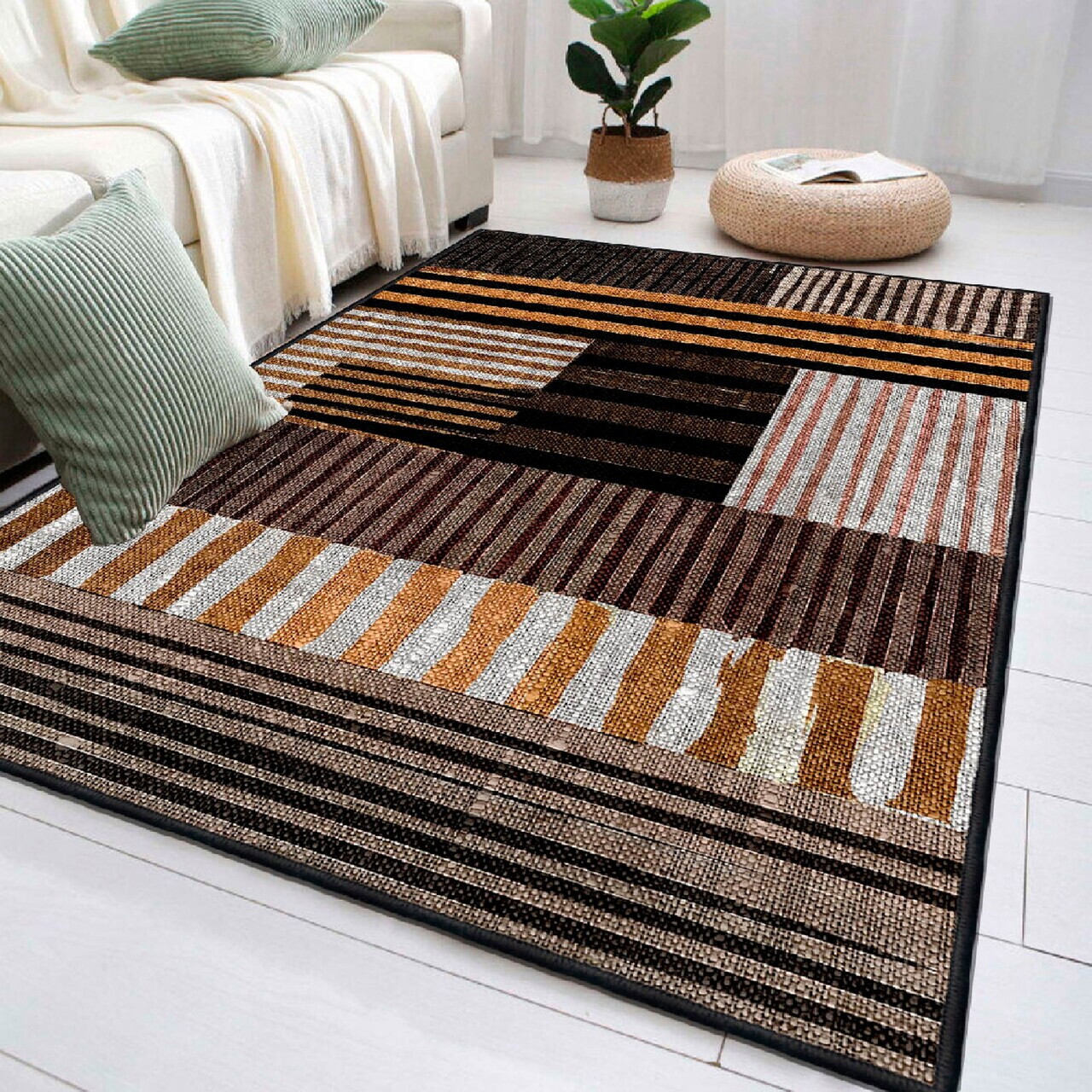 Covor, Woosonıl096, 120x180 cm, Alb / Portocaliu / Maro / Negru — imaginea 2