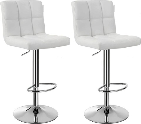 Set 2 scaune de bar pentru bucatarie, Songmics, 44.5 x 38 x 95-115 cm, rotativ 360, piele ecologica/otel fromat, alb