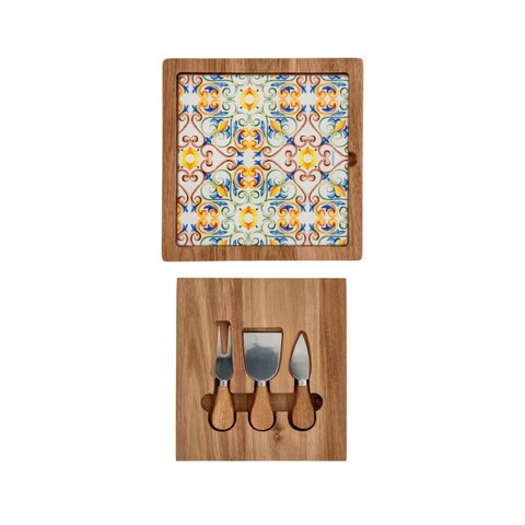Set servire branzeturi, tocator si cutite, Medicea, Brandani, 24x24 cm, lemn de salcam/ceramica/inox