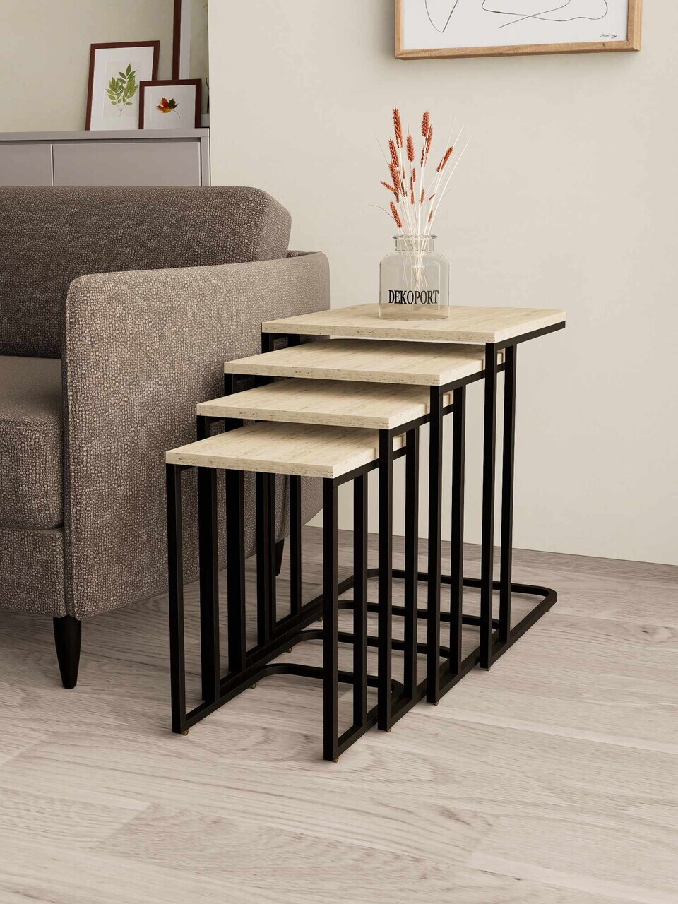 Set masute Nesting 4 piese, Hanah Home, Tekerli, Negru / Travertin — imaginea 2