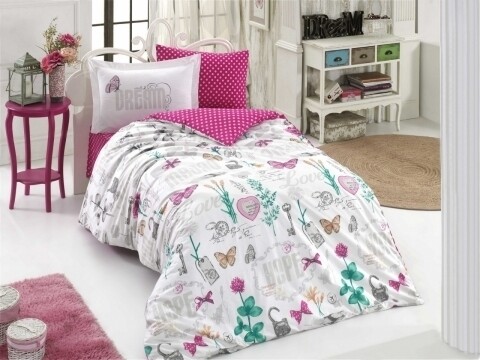 Lenjerie de pat pentru o persoana, 3 piese, 100% bumbac poplin, Hobby, Rossella Fuchsia, multicolora Hobby