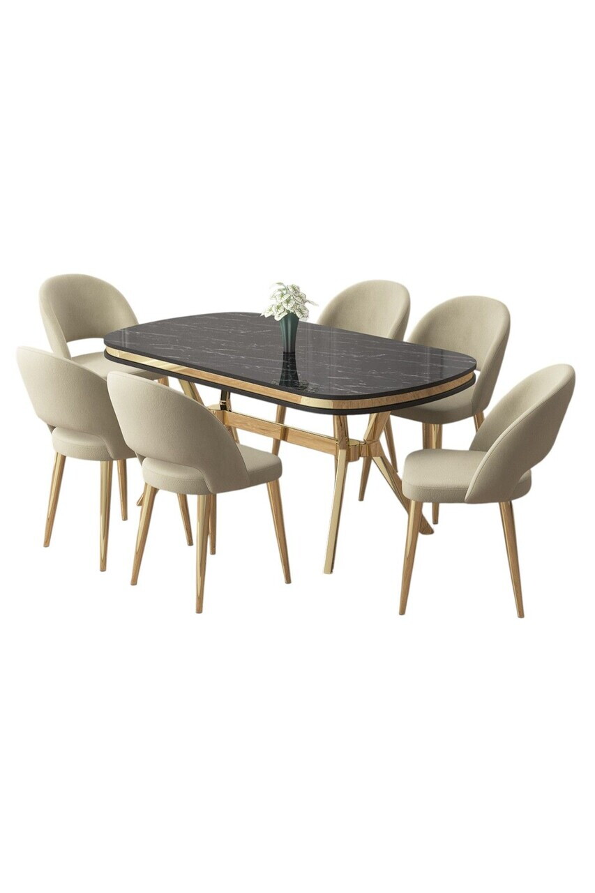 Set masa si scaune (7 piese), Hanah Home, Jita, Sonată / Aur / Cremă — imaginea 2