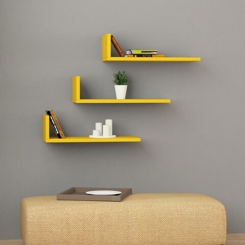 Set 3 rafturi pentru perete L-Model, Decortie, 50x20x14 cm, galben mustar