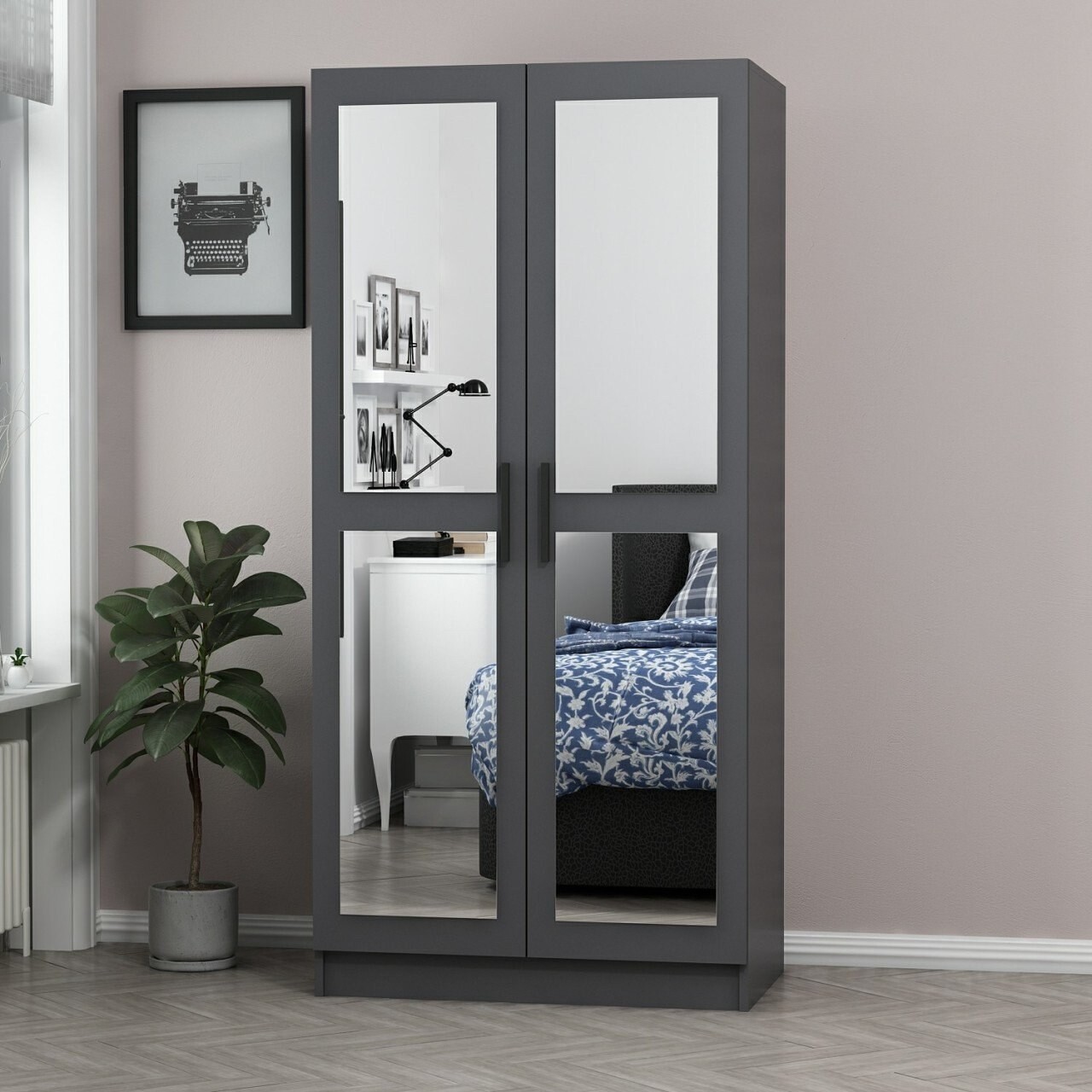 Dulap pentru haine, Minerva, Kale Mirror Anthracite, 90x210x52 cm, PAL, Antracit - 2 | YEO