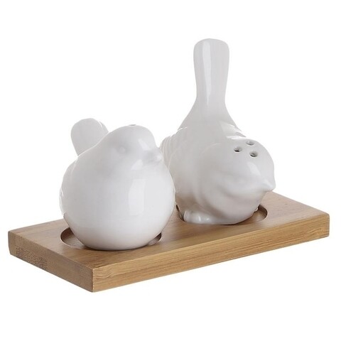 Set solnita si pipernita cu suport din bambus Birds, InArt, portelan