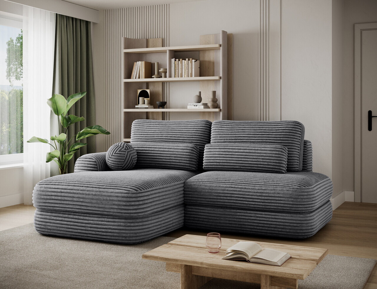 Coltar extensibil stanga 3 locuri ELTAP, Ripeli, 217x175x96 cm, lemn/catifea din poliester, gri inchis — imaginea 2