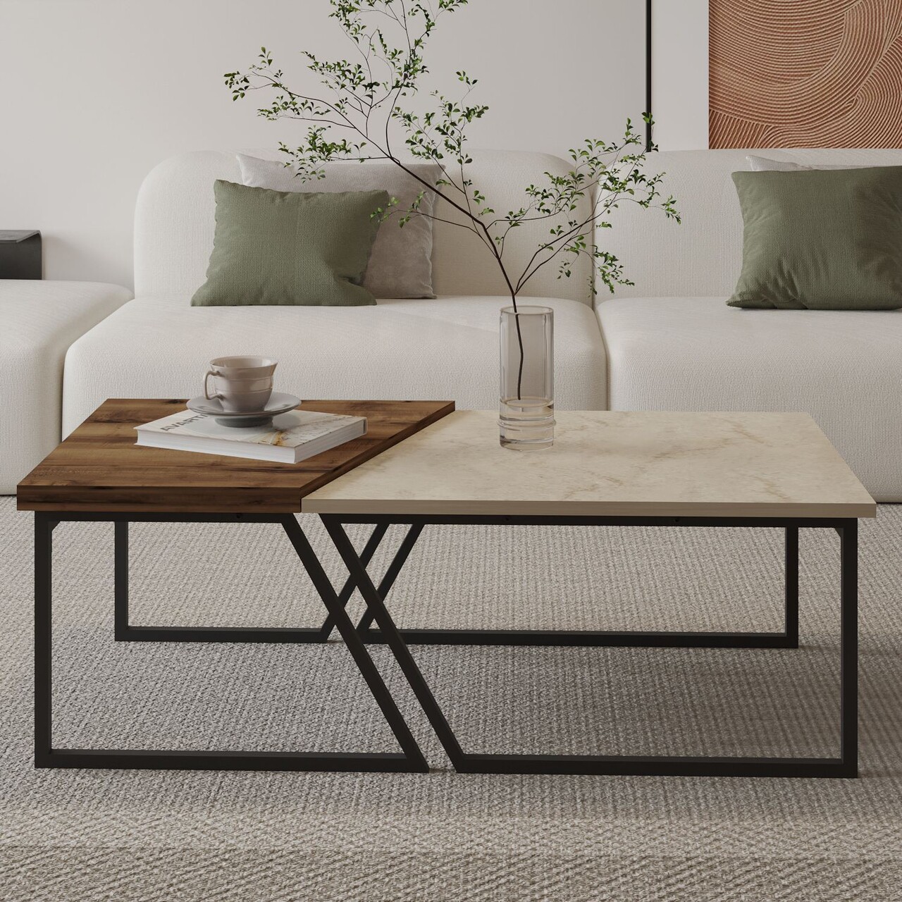 Set masute de cafea, Hanah Home, Verona P0024623, PAL, Travertin / Nuc rustic - imagine 2