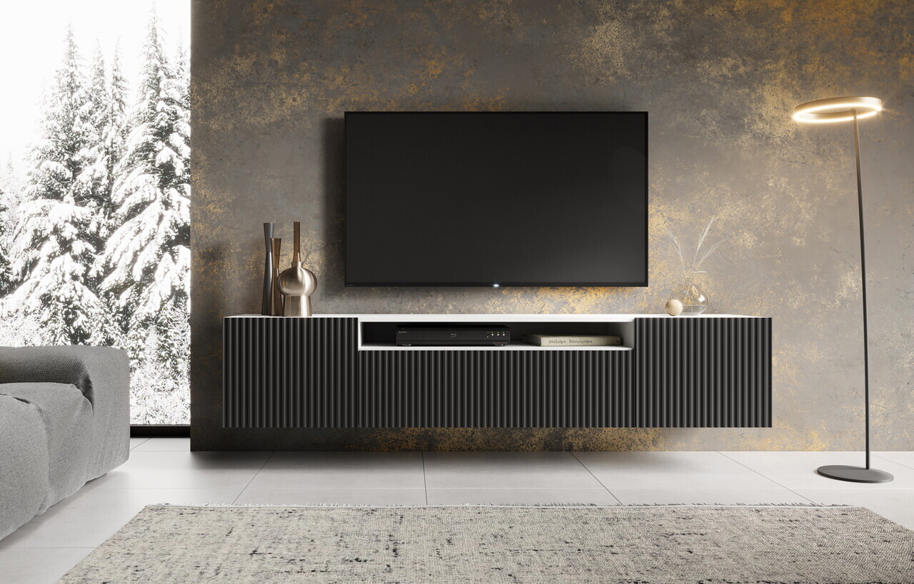 Comoda TV ADRK, Noemi, 200x41x40 cm, PAL melaminat/MDF, negru/alb