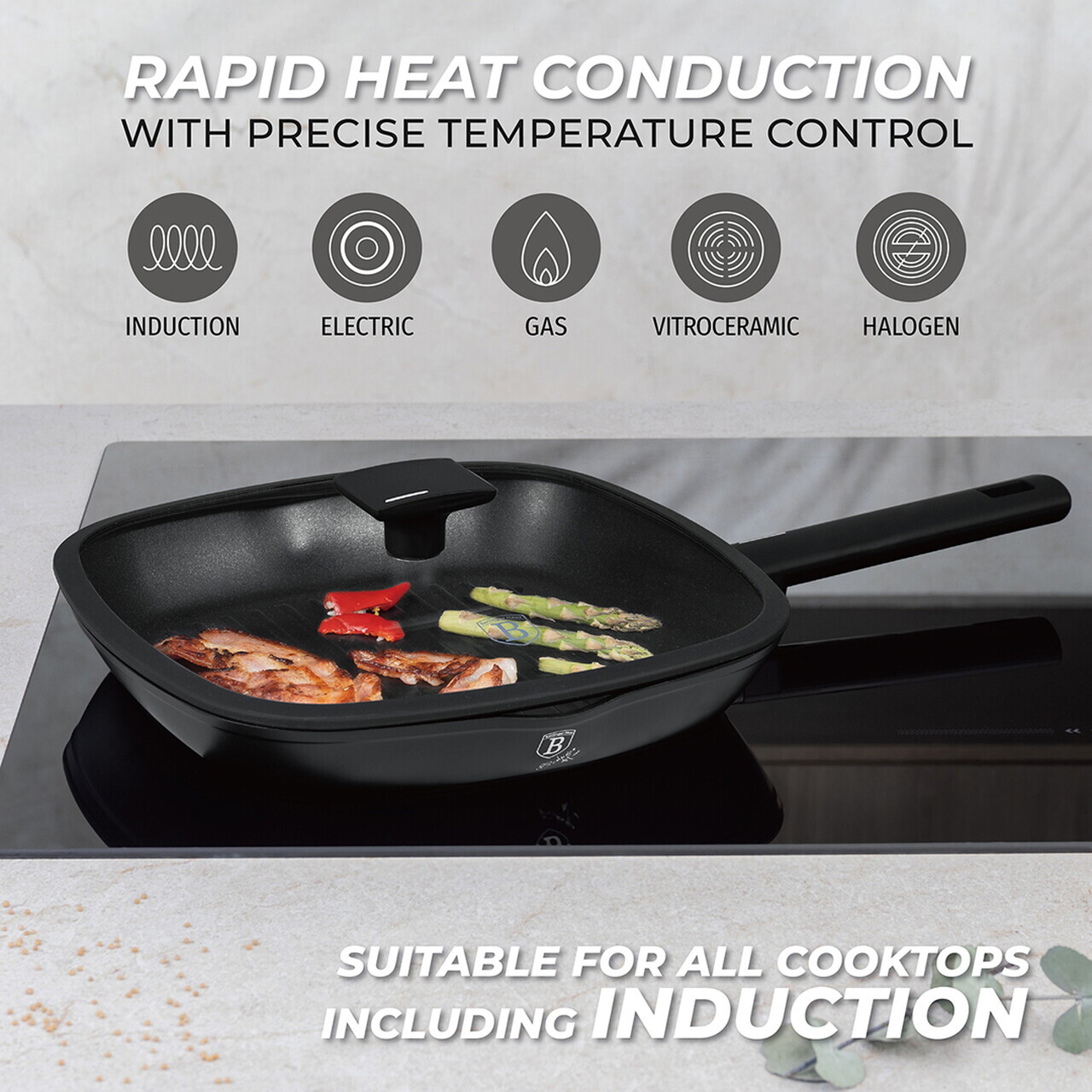Tigaie grill cu capac Berlinger Haus, Matte Black, 28 cm, 2.1 L, aluminiu forjat, negru - imagine 8