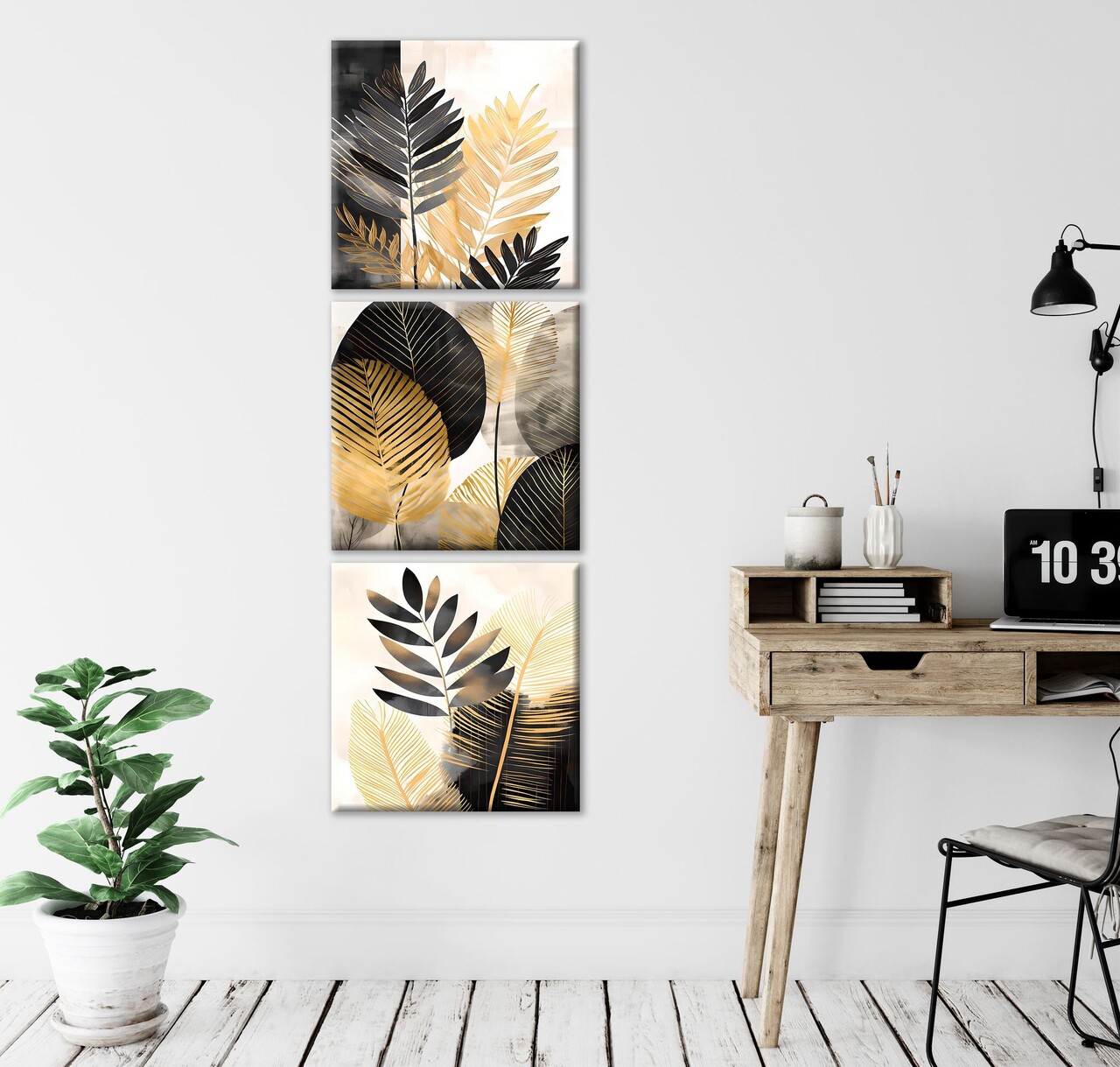 Set 3 tablouri decorative FAH23 Cadru: 100% LEMN (Grosime: 2 cm) Aur/Negru