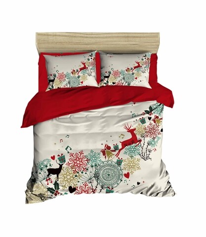 Lenjerie de pat pentru doua persoane, pearl home, 451, print 3d, amestec bumbac, 4 piese, rosu/alb/verde