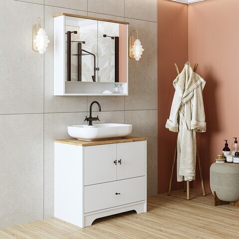 Set Dulap de Baie cu Chiuvetă și Oglindă (2 Piese), Hanah Home, 2393, MDF-LAM, Alb mat