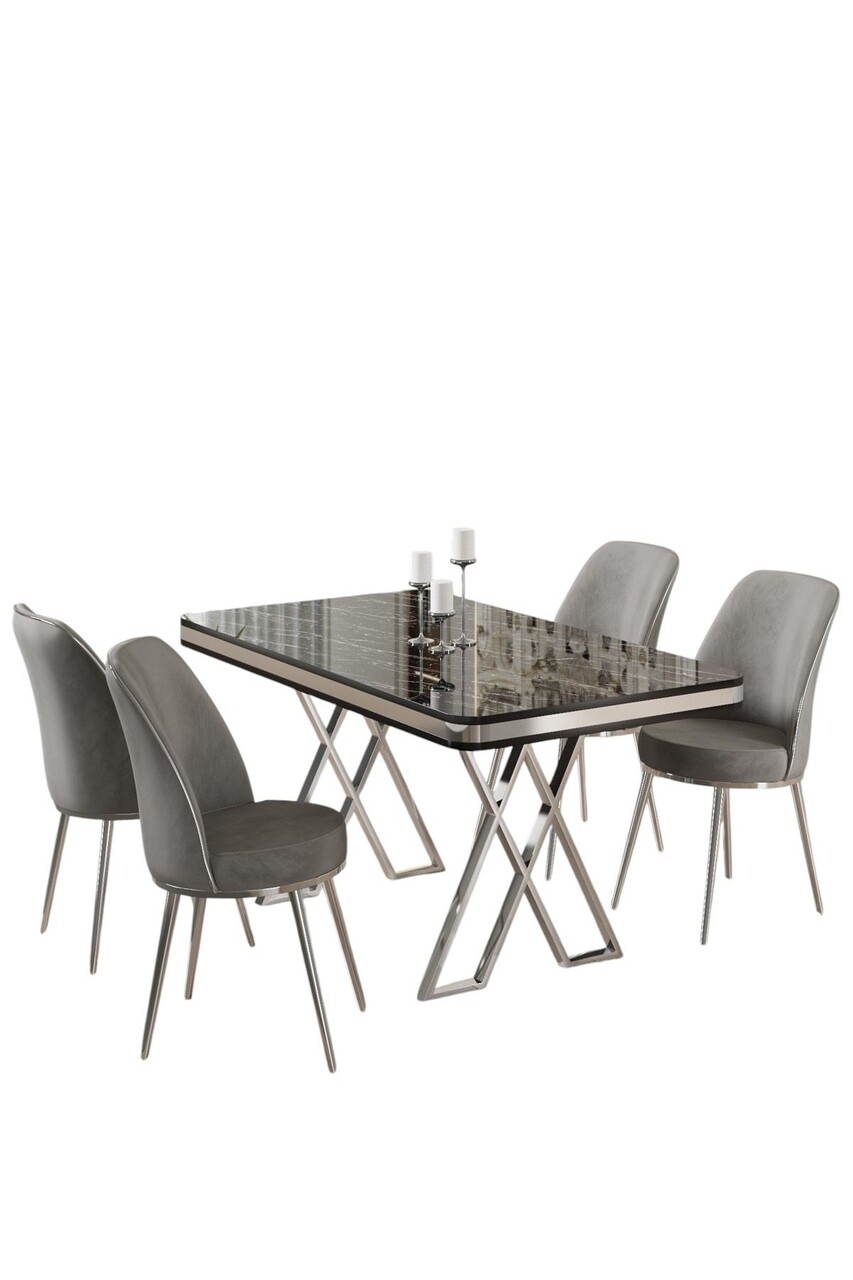 Set masă și scaune (5 bucăți), Hanah Home, Vals, Marmură neagră / Crom / Gri - imagine 2