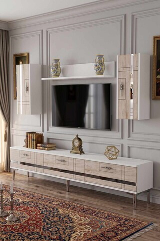 Comoda TV, Hanah Home, Ilay, 180x41x30 cm, White / Travertine / Silver