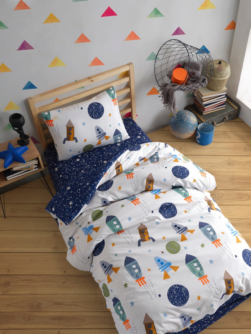 Lenjerie de pat pentru o persoana, SpaceX - Dark Blue, EnLora Home, 80% bumbac / 20% poliester