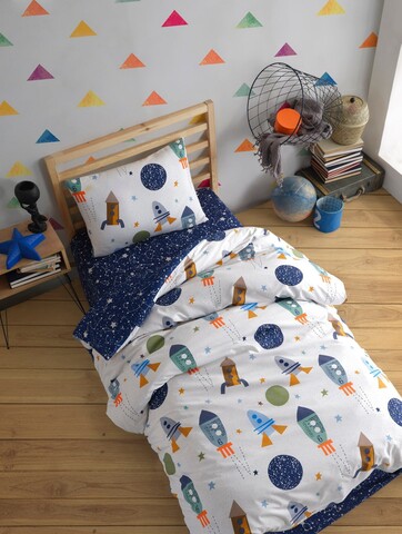 Lenjerie de pat pentru o persoana, SpaceX - Dark Blue, EnLora Home, 80% bumbac / 20% poliester