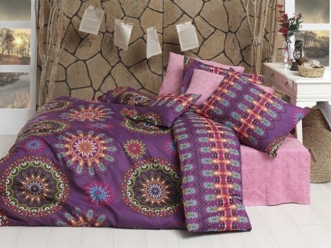 Lenjerie de pat pentru o persoana, 3 piese, 100% bumbac ranforce, Nazenin Home, Hula Pink, mov/roz